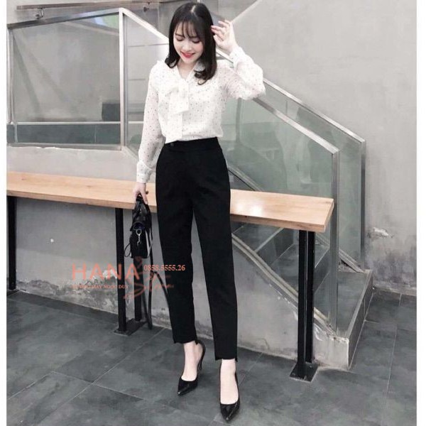 Quần baggy công sở gấu ống lệch dáng dài màu Đen vải dày mịn - Kiểu quần tây ống đứng cúc lệch phối áo sơ mi mặc đi học