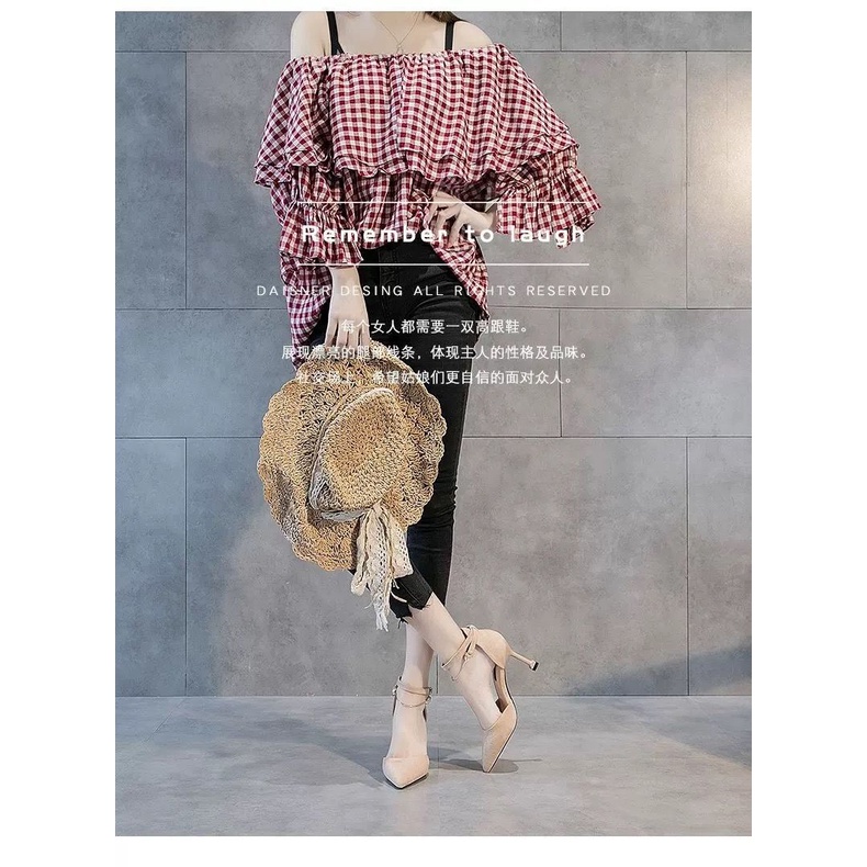 Giày cao gót mũi nhọn màu đen phối khóa cài trước thời trang cho nữ