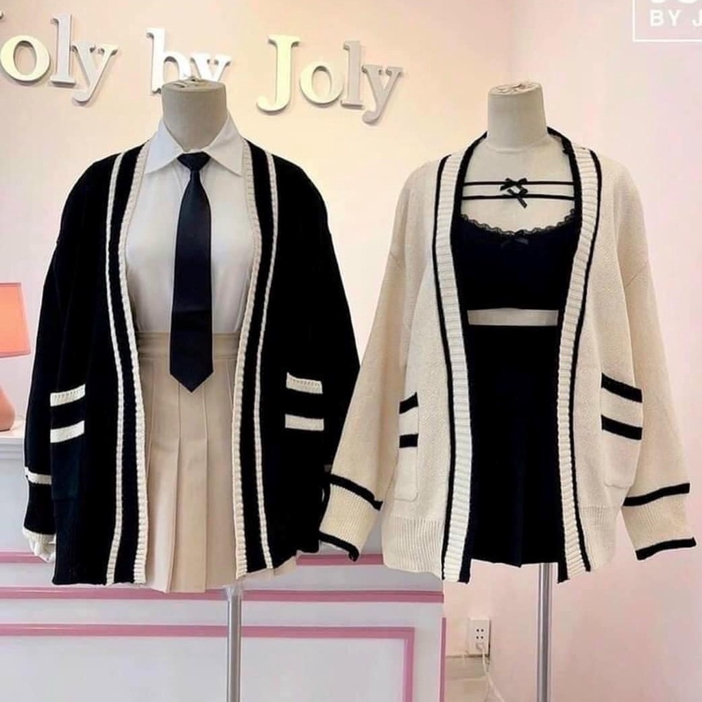 Bingshopvn Áo khoác cardigan hàn quốc phối viền bo tay có túi eo vải len dệt kim cao cấp