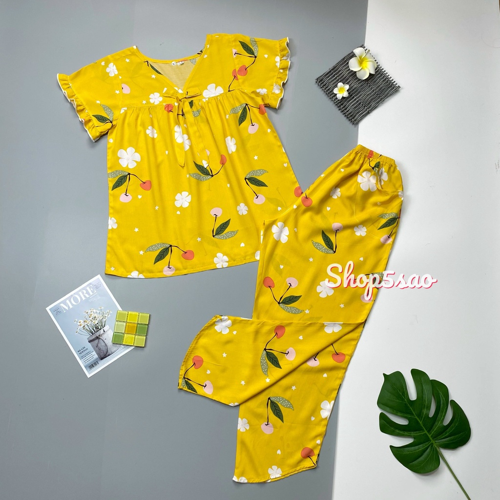 Bộ lanh mặc nhà, đồ bộ tole nữ SHOP5SAO quần dài áo tay ngắn phối ren (40-70kg)