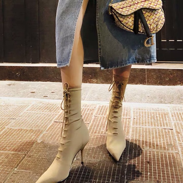 Giày boot LIN cao gót mũi nhọn đế nhọn thắt dây cổ cao Ulzzang sang chảnh ❤️