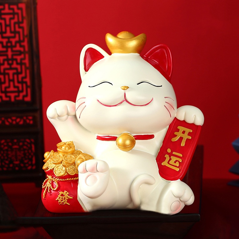 Mèo trắng thần tài ống tiết kiệm và mô hình mèo trắng tiền vàng trang trí bàn học, bàn làm việc, tủ sách, taplo ô tô