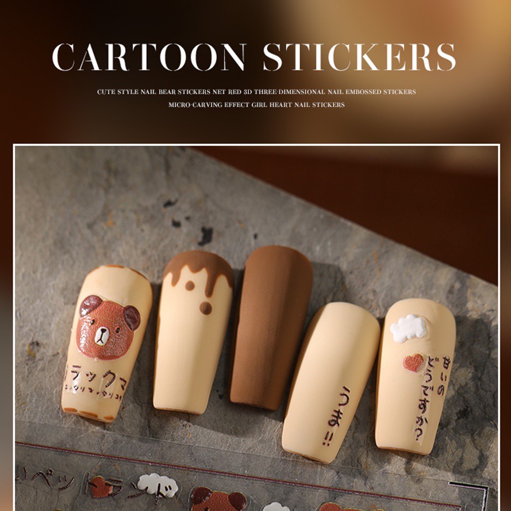 Sticker dán trang trí móng tay họa tiết gấu bông/quả anh đào/trái tim xinh xắn