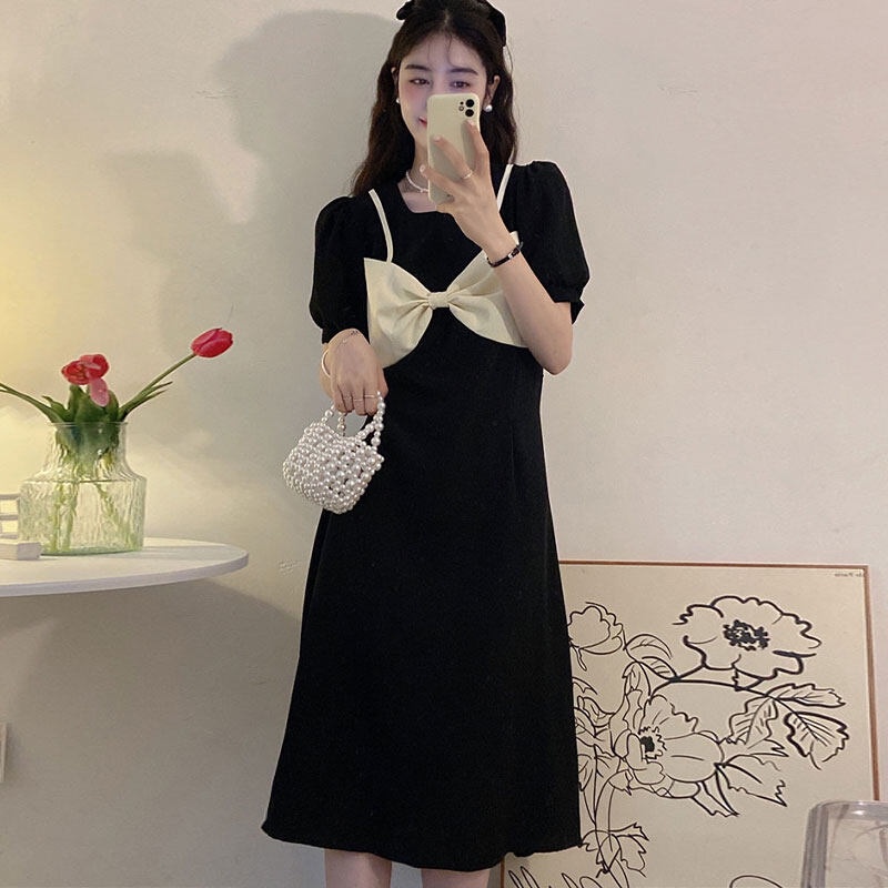 Đầm YEYA tay ngắn cổ tròn trang trí nơ xinh xắn thời trang dành cho nữ