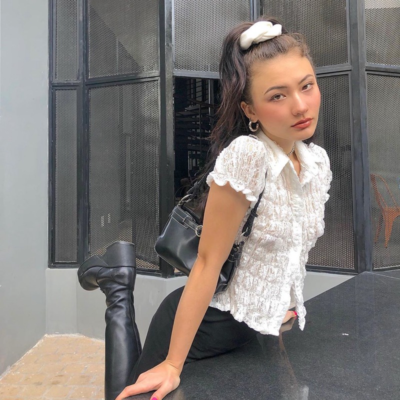 Áo kiểu DUNEA tay ngắn phối ren xếp ly thời trang quyến rũ cho nữ