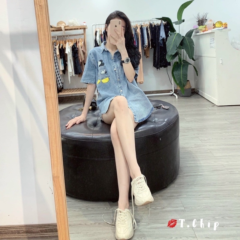 Áo sơ mi tay lỡ bò thụng chuột micky/ áo sơ my phom thụng đuôi tôm | BigBuy360 - bigbuy360.vn