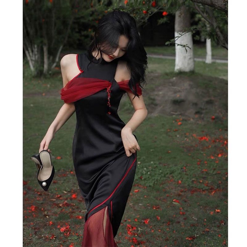 Đầm Sườn Xám Cách Tân Đuôi Cá Dáng Dài Thiết Kế Lệch Tà Quyến Rũ