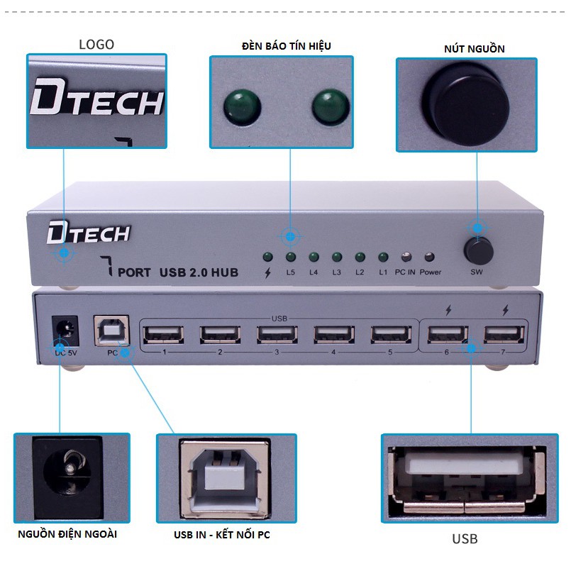 Hub USB bộ chia cổng USB 2.0 từ 1 ra 7 cổng DTECH DT 3207 có nguồn rời