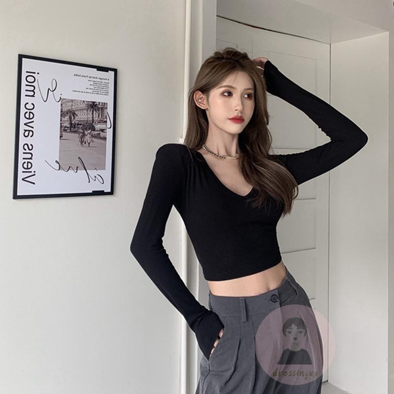 Áo Thun Dài Tay Cổ Chữ V Màu Trơn Thiết Kế Mỏng Năng Động Thời Trang Dành Cho Nữ