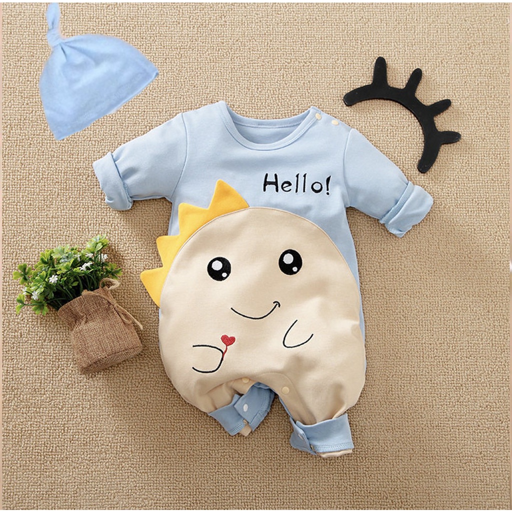 Body Dài tay cho Bé Trai Bé Gái mẫu quần áo trẻ em hình thú kèm mũ chất Cotton xịn mịn từ 3-12kg