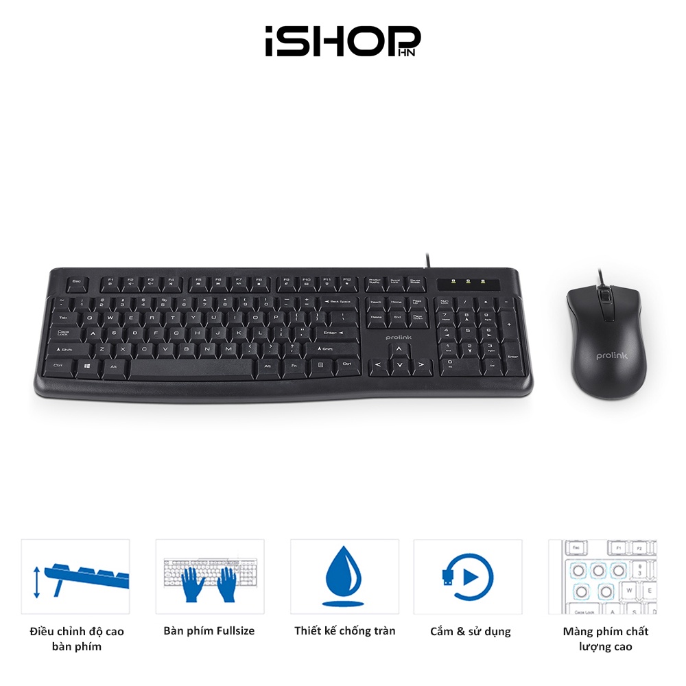 Bộ bàn phím chuột có dây Prolink PCCM2003 Fullsize, chống thấm nước, 12 phím truy cập nhanh, giá siêu rẻ