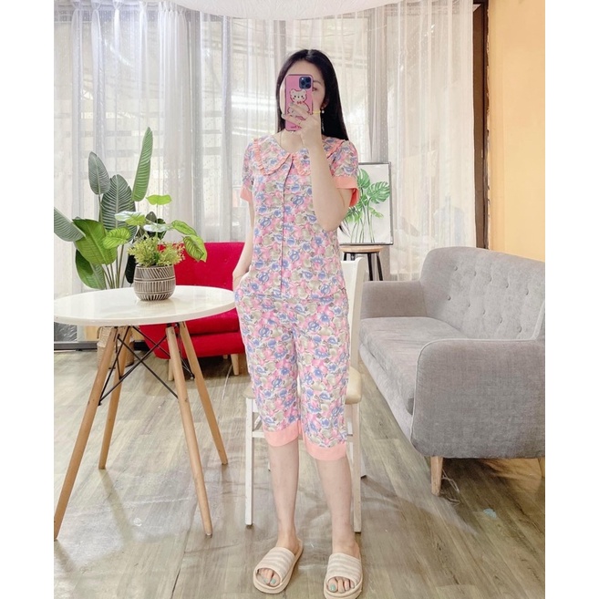 Bộ đồ mặc nhà chất mềm mát áo cộc quần lửng, cổ lá, mềm mát, thấm hút mồ hôi