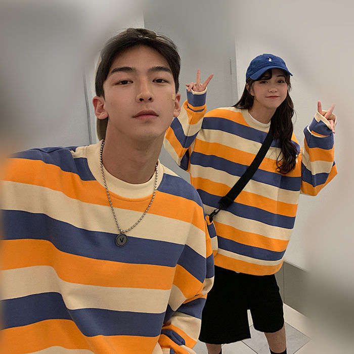 Áo thun tay dài dáng rộng họa tiết sọc ngang thời trang cho nam