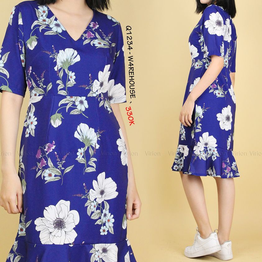 Q1234 - Đầm Ware House cổ tim tay ngắn in hoa lá