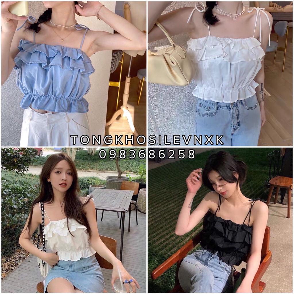 Áo 2 Dây Croptop Nữ Thắt Nơ Bèo Nhún Ngực Eo Xanh Trắng Đen - Áo Croptop Thô Đũi Độc Lạ Tôn Dáng 3 Máu