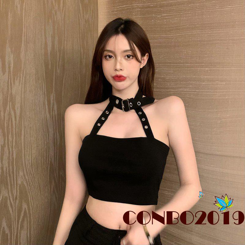 Hgm Áo Croptop Không Tay Hở Lưng Màu Trơn Mùa Hè Cho Nữ Màu Trắng / Xám / Đen