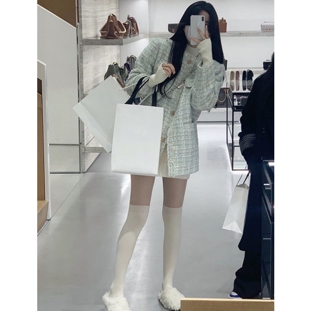 Áo Khoác Dạ Tweed Dáng Dài Xanh Ngọc Cúc Vàng