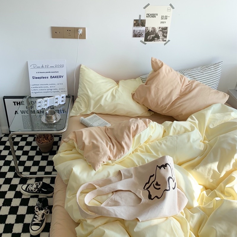 Bộ ga gối và vỏ chăn Cotton Tici No Tag Cao Cấp mềm mát mẫu Vàng Chanh Mix Be