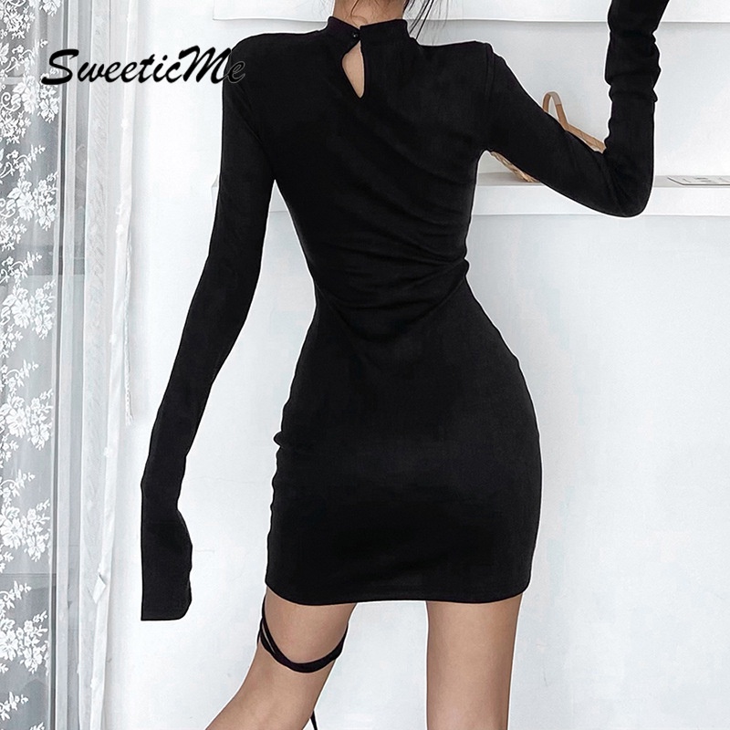 Đầm Tay Dài Cổ Tròn Dáng Ôm Màu Trơn Thời Trang   Dành Cho Nữ