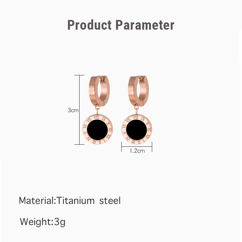 Round Black Shellfish Rose Gold Earrings Titanium Steel Rose Gold Roman Numeral Earrings