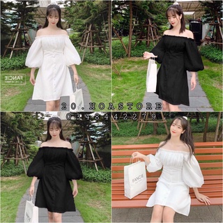 (new) Đầm Nữ Trễ Vai Tay Phồng 2 lớp Cúc Dọc Eo Chun 🦋 Váy Nữ Triết Eo Dáng Lỡ Đen Trắng Vai Bèo Tay Bo Cổ Vuông Trễ Vai