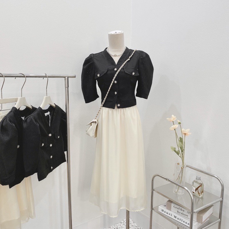 Set áo dạ tweed ngắn taymàu đen mix chân váy đầm tơ voan tiểu thư xinh xắn be đi làm đi tiệc kèm video và ảnh thật
