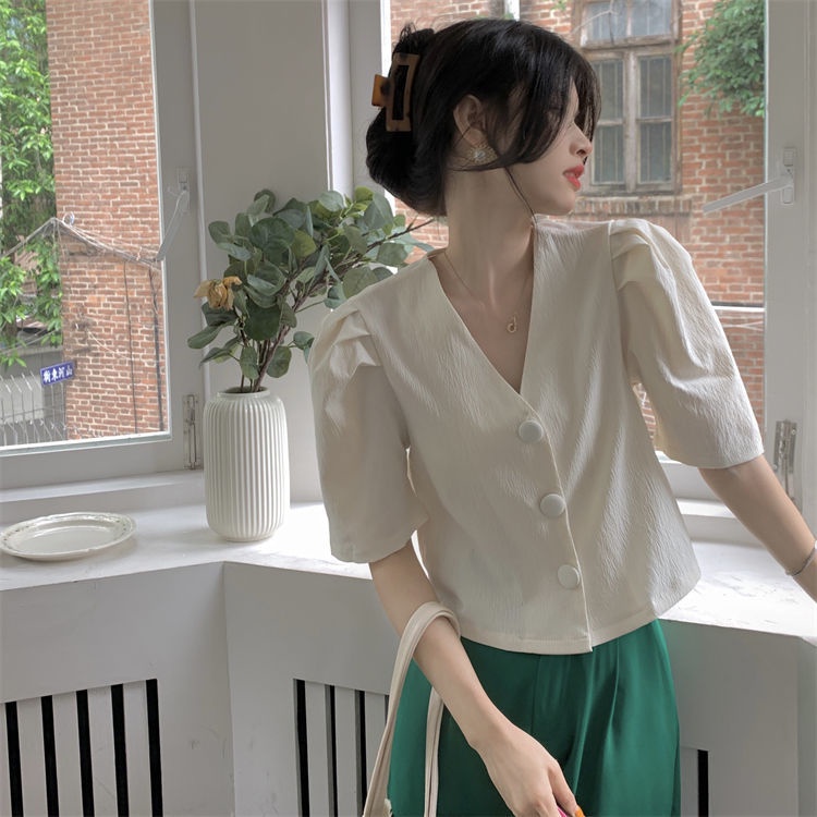 Áo Sơ Mi Tay Ngắn Cổ Chữ v Thiết Kế Ba Hàng Nút Thời Trang Mới Cho Nữ