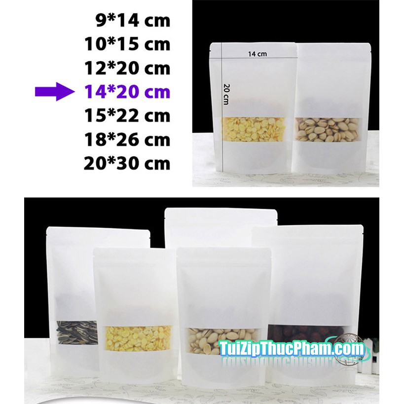 100 Cái Túi Zip MIS Size 14x20 cm Đựng 200g Bột Mịn, Túi Giấy Kraft Trắng Có Cửa Sổ, Phủ BOPP CPP chống ẩm tốt
