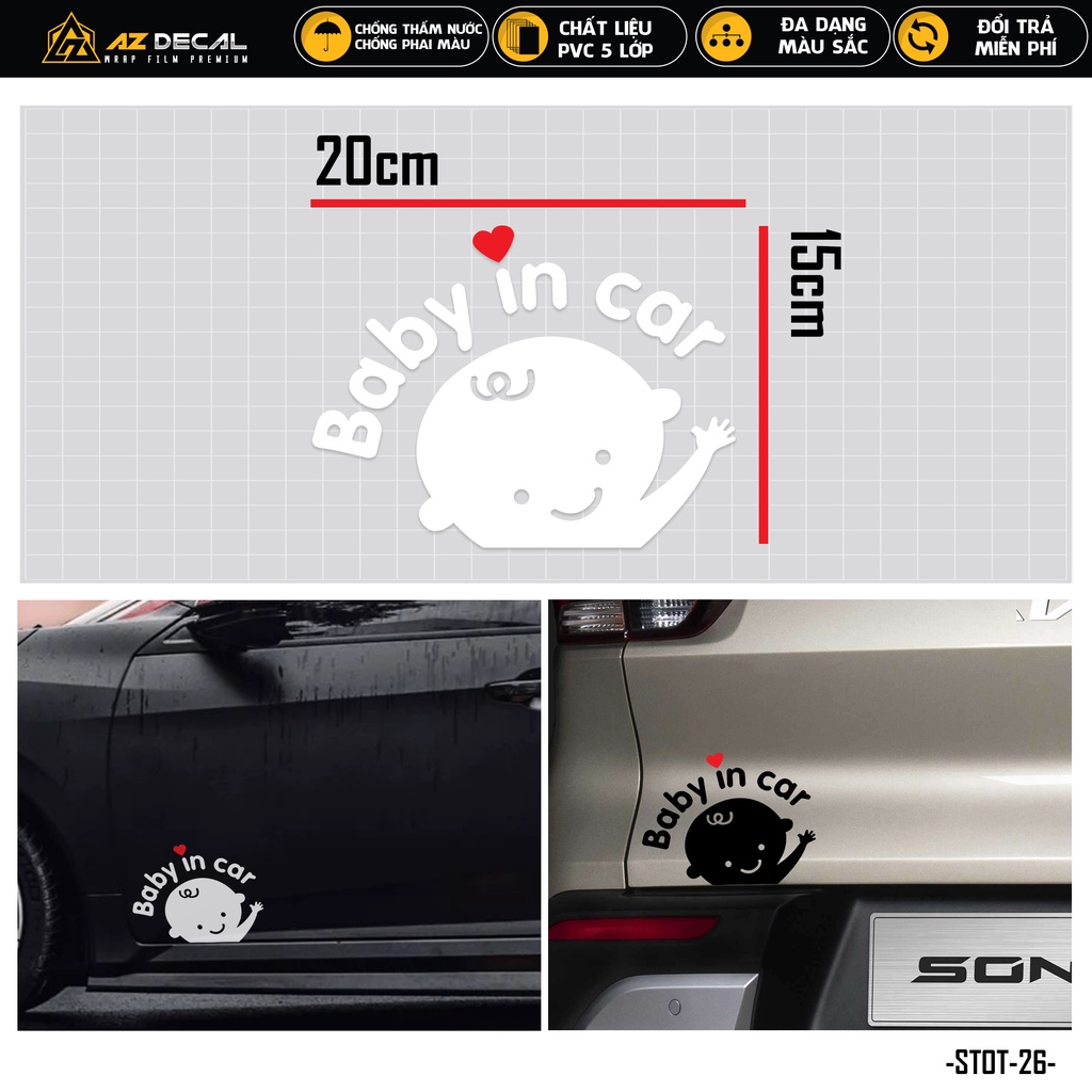Tem Dán Xe Ô Tô Thiết Kế Baby In Car | STOT-26 | Sticker Oto Xe Hơi Sườn Cửa Xe Cản Sau Kính Lái... Chống Nước