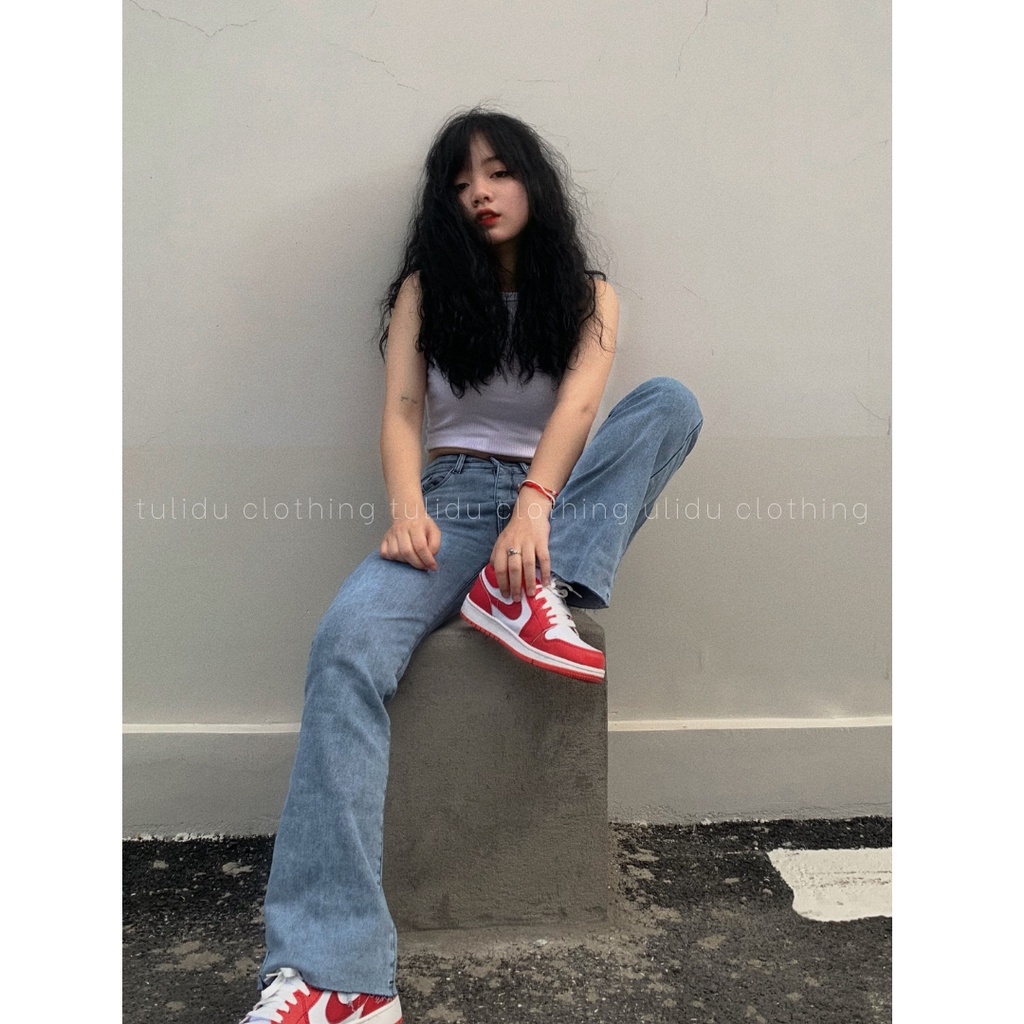 Quần Jean Ống Loe Lưng Cao Màu Xanh Nhạt Gấu Cắt Co Giãn TULIDU Quần Bò Ống Loe Flared Jean #LY23