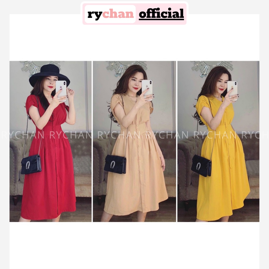 DX200 - Đầm Xòe Nút Bọc Cổ V Tay Con Chít Eo 3 Màu Vàng Nude Đỏ