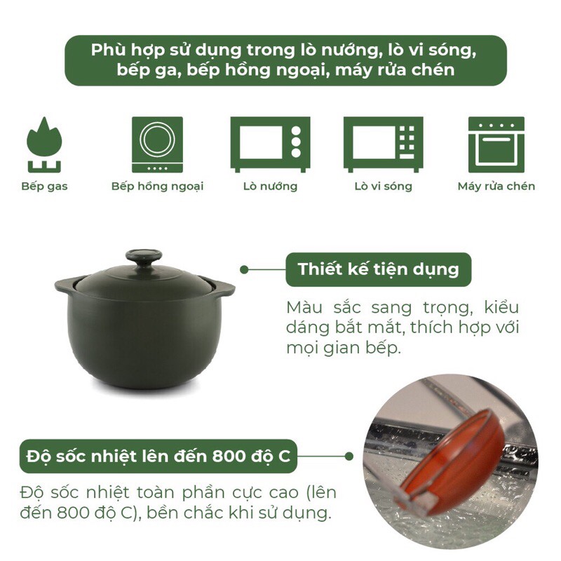 Nồi Sứ Dưỡng Sinh Minh Long Vesta 2.0L  Dùng Cho Bếp Ga, Hồng Ngoại, Có Nắp, Dùng Kho Cá, Hầm Cháo