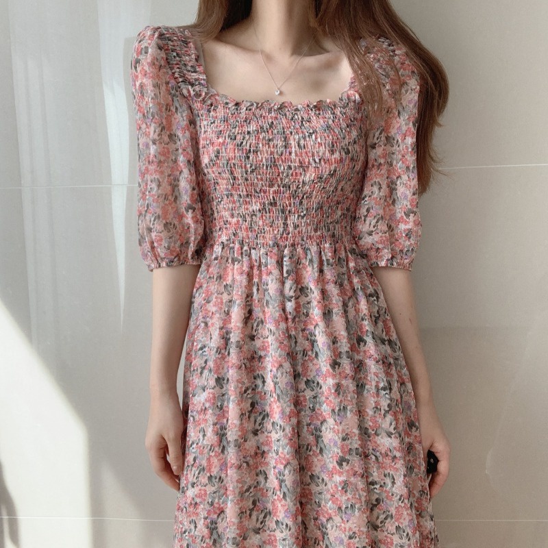 Đầm Voan Hoa Tay Ngắn Eo Co Giãn Thời Trang Mùa Hè Dành Cho Nữ
