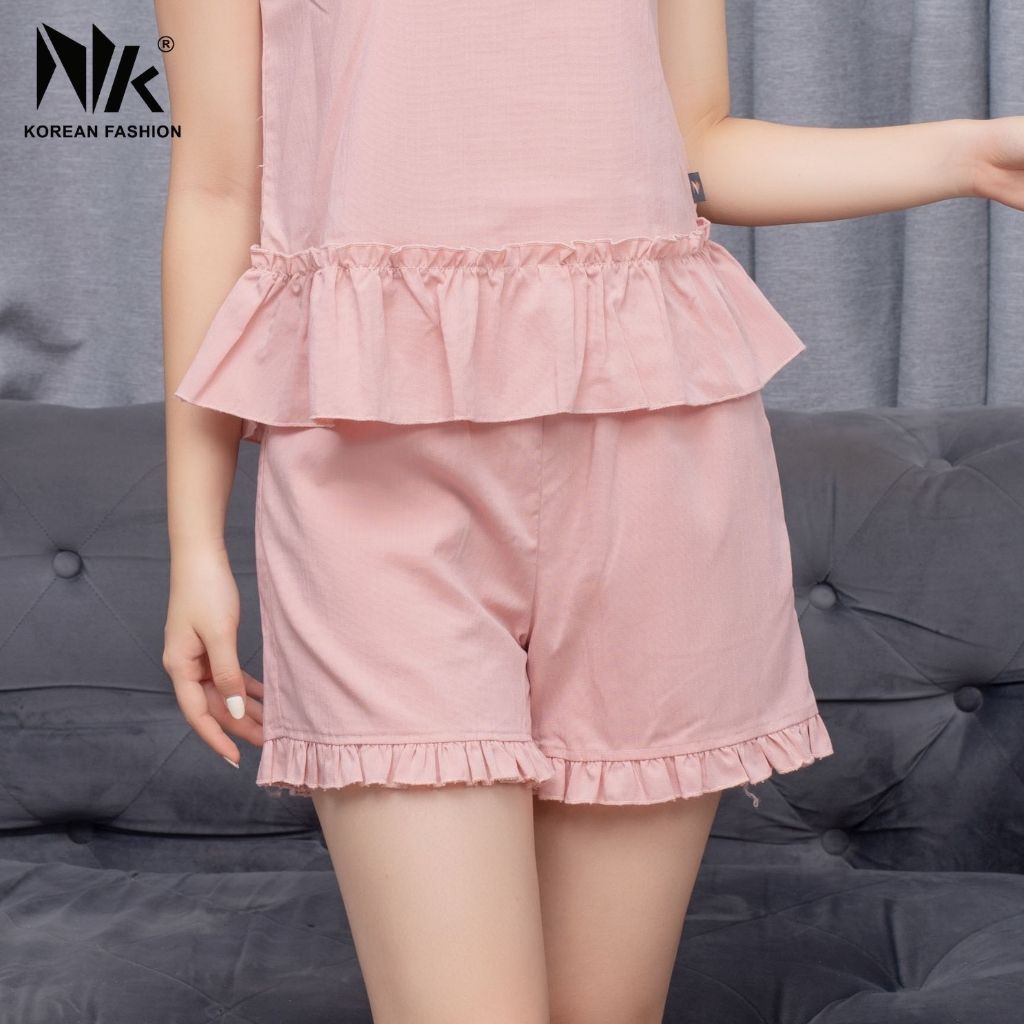 Bộ đồ mặc nhà nữ mùa hè đẹp thoáng mát chất liệu cao cấp nhập Hàn NK FASHION Dáng Đùi Áo Nhún Bèo, NKFBD2105035