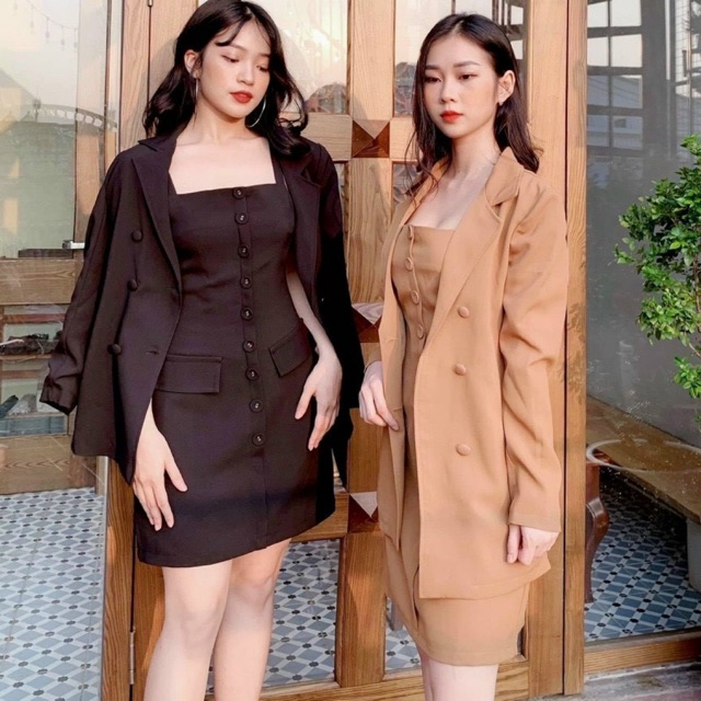 SET ĐẦM NÚT BỌC KHOÁC ĐEN - NÂU