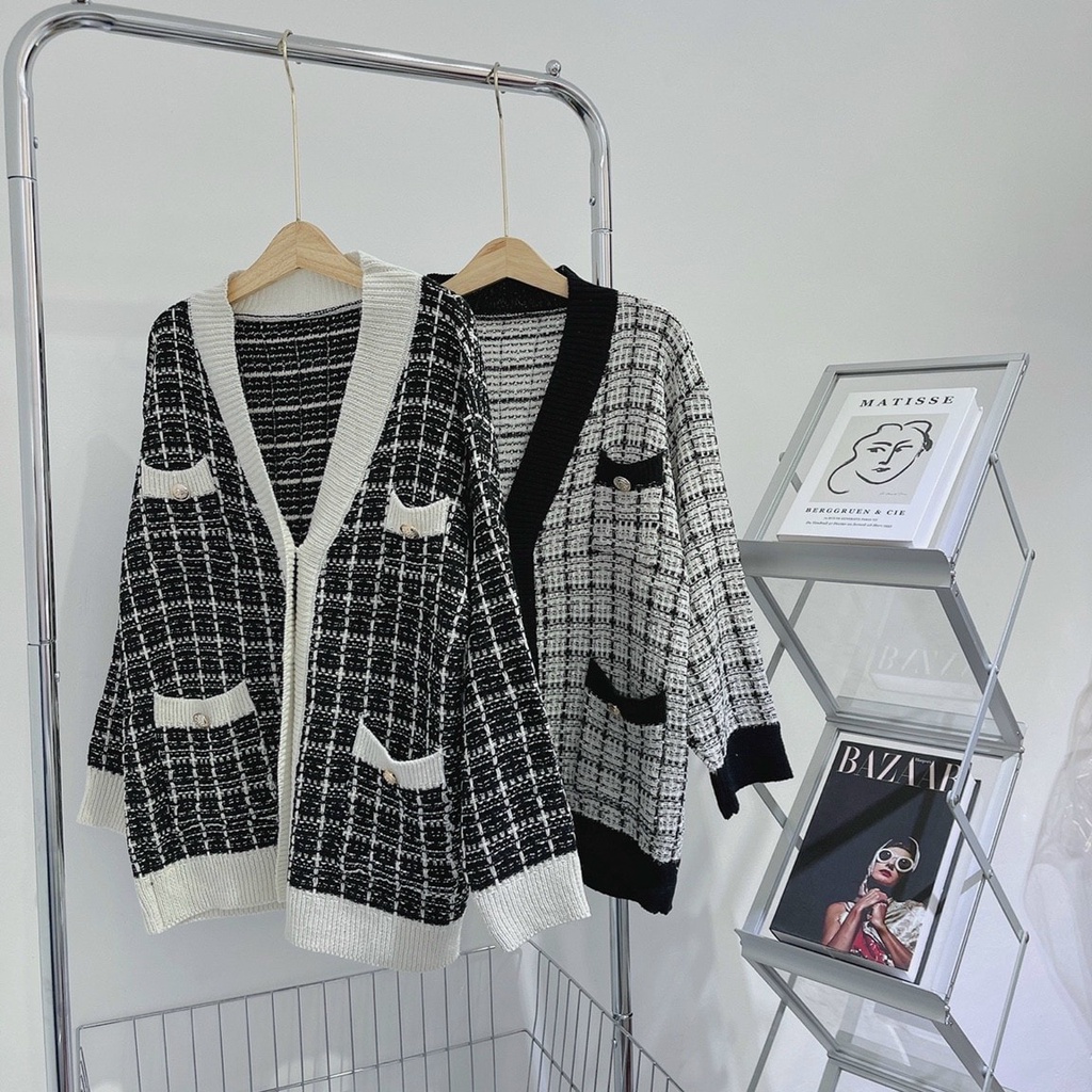 [FREESHIP] Áo khoác len nữ tay dài áo cardigan tweed dạ sọc caro trắng đen QC NÀNG CLOSET