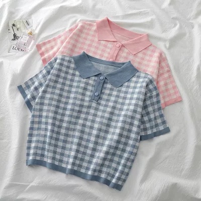 NZN Áo Dệt Kim Tay Ngắn Cổ Polo Họa Tiết Sọc Caro Phong Cách Hàn Quốc