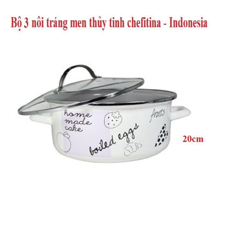 Bộ 3 Nồi Thép Đúc Tráng Men Thuỷ Tinh Cheftina 16cm 20cm 24cm. Indonesia- Dùng Mọi Loại Bếp