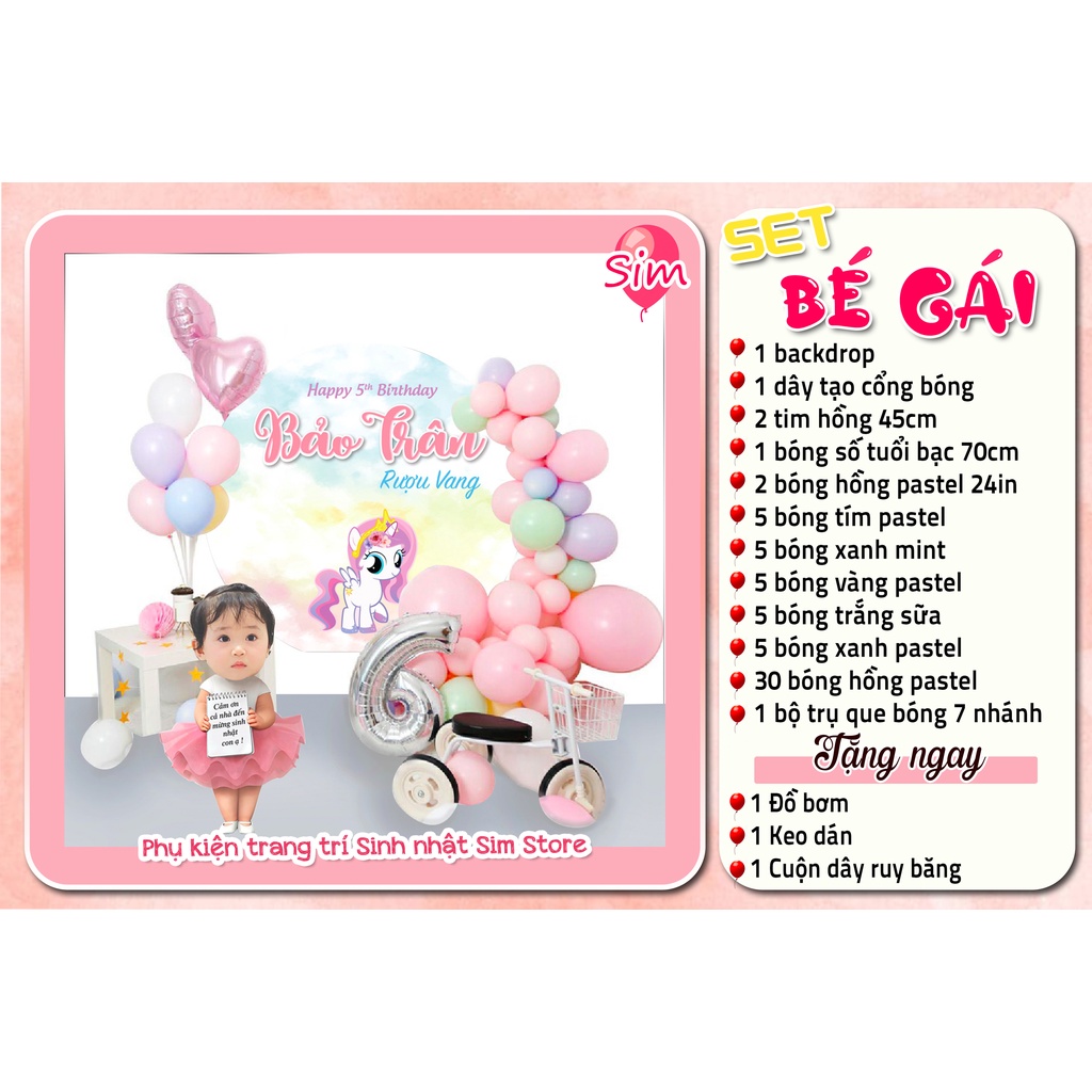 Set trang trí sinh nhật, trang trí thôi nôi, đầy tháng bé gái hot trend siêu dễ thương trọn bộ đầy đủ Simparty