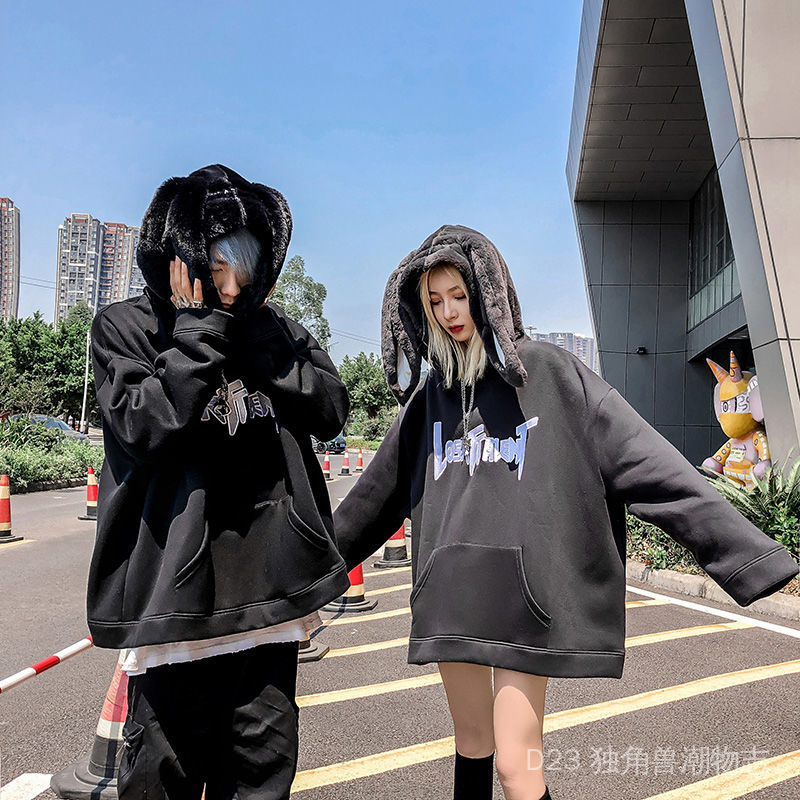 Áo hoodie dáng rộng họa tiết tai thỏ thời trang thu đông dành cho cặp đôi