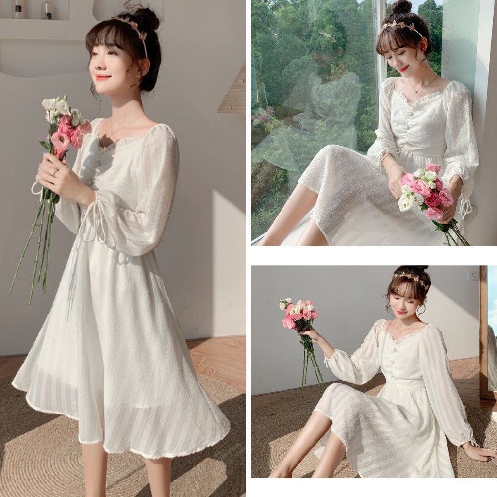 Váy trắng dáng xòe dài tay / Váy công chúa xinh xắn cổ nhún