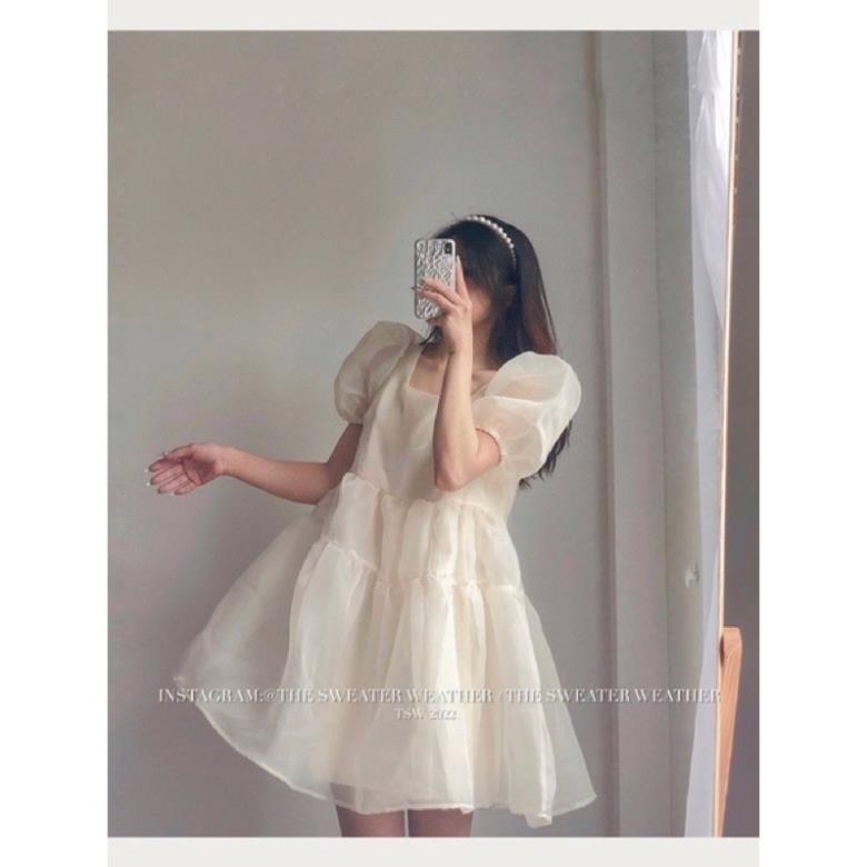 Váy Babydoll Voan Tơ Bồng Bềnh 2 Lớp Cổ Vuông Vintage( Hàng Có Sẵn, Ảnh Thật)