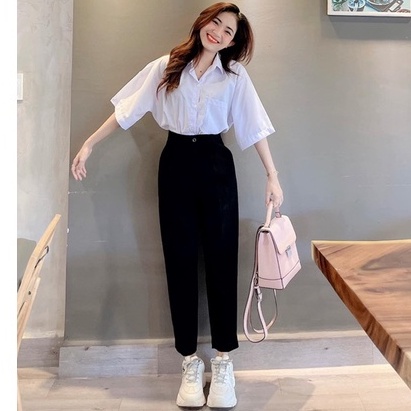 Quần tây baggy đi học nữ cạp có đai lưng cao màu đen đứng dáng dài Quần vải nữ công sở dày dặn phối áo sơ mi đi học làm