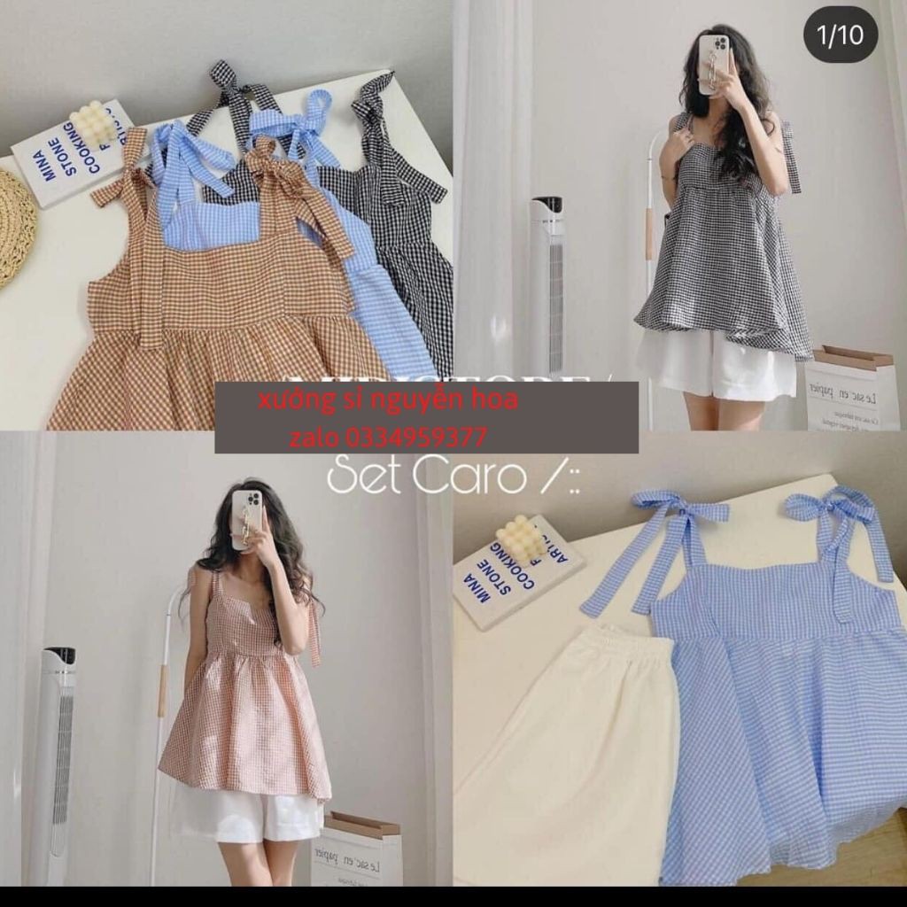 Set áo babydol kẻ buộc nơ vai điệu mix quần sooc đùi trắng (kèm video/ảnh thật) Xưởng Sỉ Nguyễn Hoa