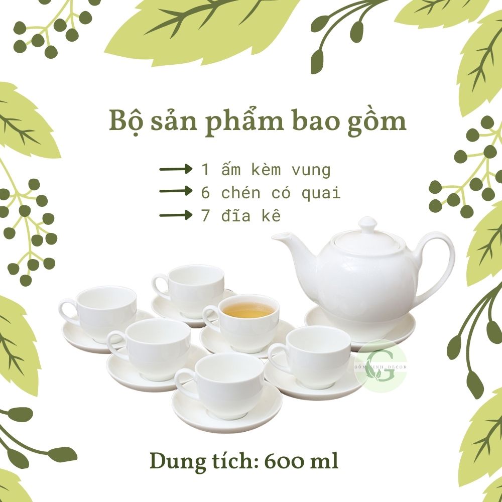 Bộ Ấm Chén Trắng Bát Tràng Bộ Trà gốm sứ cao cấp dáng Minh Long [GIÁ THANH LÝ]