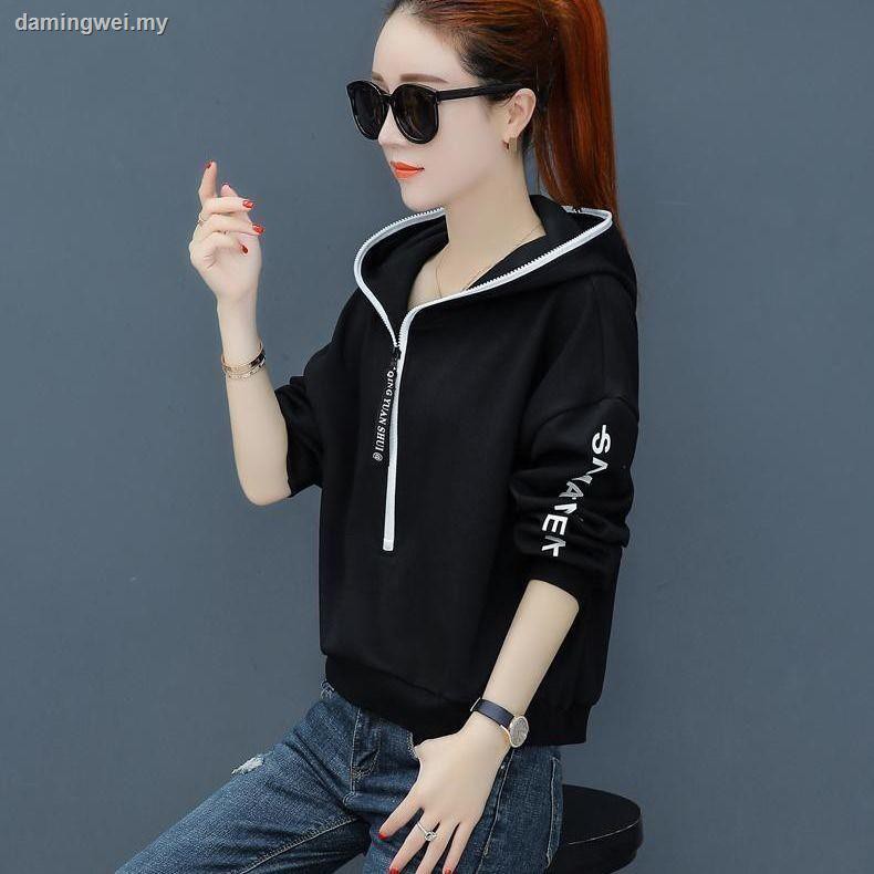 Áo Sweater Cánh Dơi Dáng Rộng Có Mũ Trùm Phối Khóa Kéo Kiểu Hàn Quốc Thời Trang Xuân Thu 2020 Mới Cho Nữ