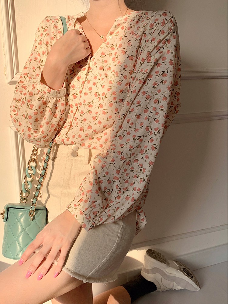 Áo sơ mi SUXI in hoa tay dài kiểu dáng nhẹ nhàng thanh lịch cho nữ