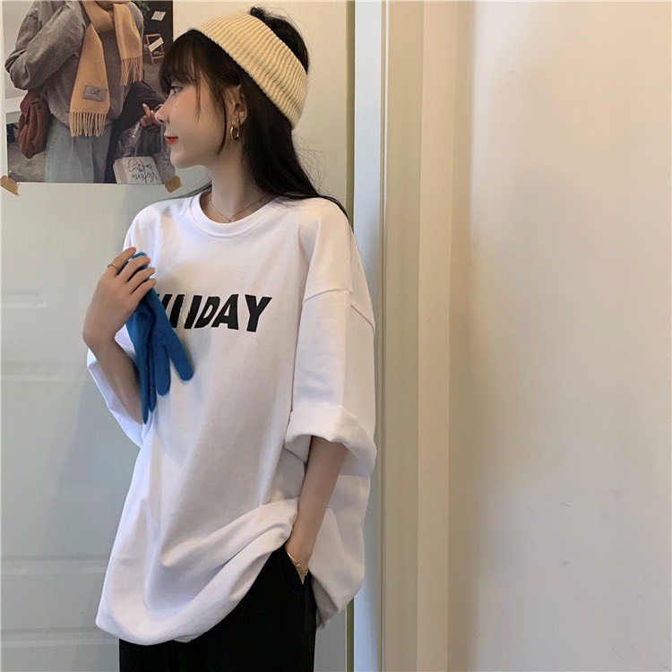 Áo phông nữ form rộng tay lỡ 2022, áo thun nữ form rộng unisex cotton oversize SUNDAY cổ tròn màu trắng đen