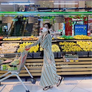 Set len kẻ áo croptop chân váy dài