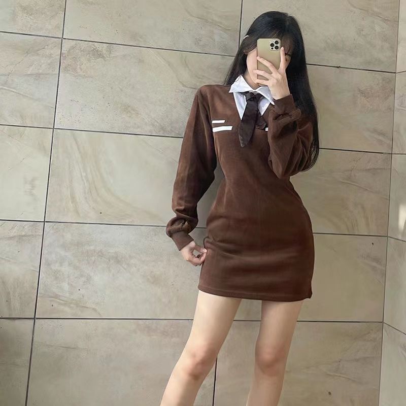 Jiashucheng Đầm Sơ Mi Thắt Eo Phong Cách Preppy Mỹ Cổ Điển Hot Girl